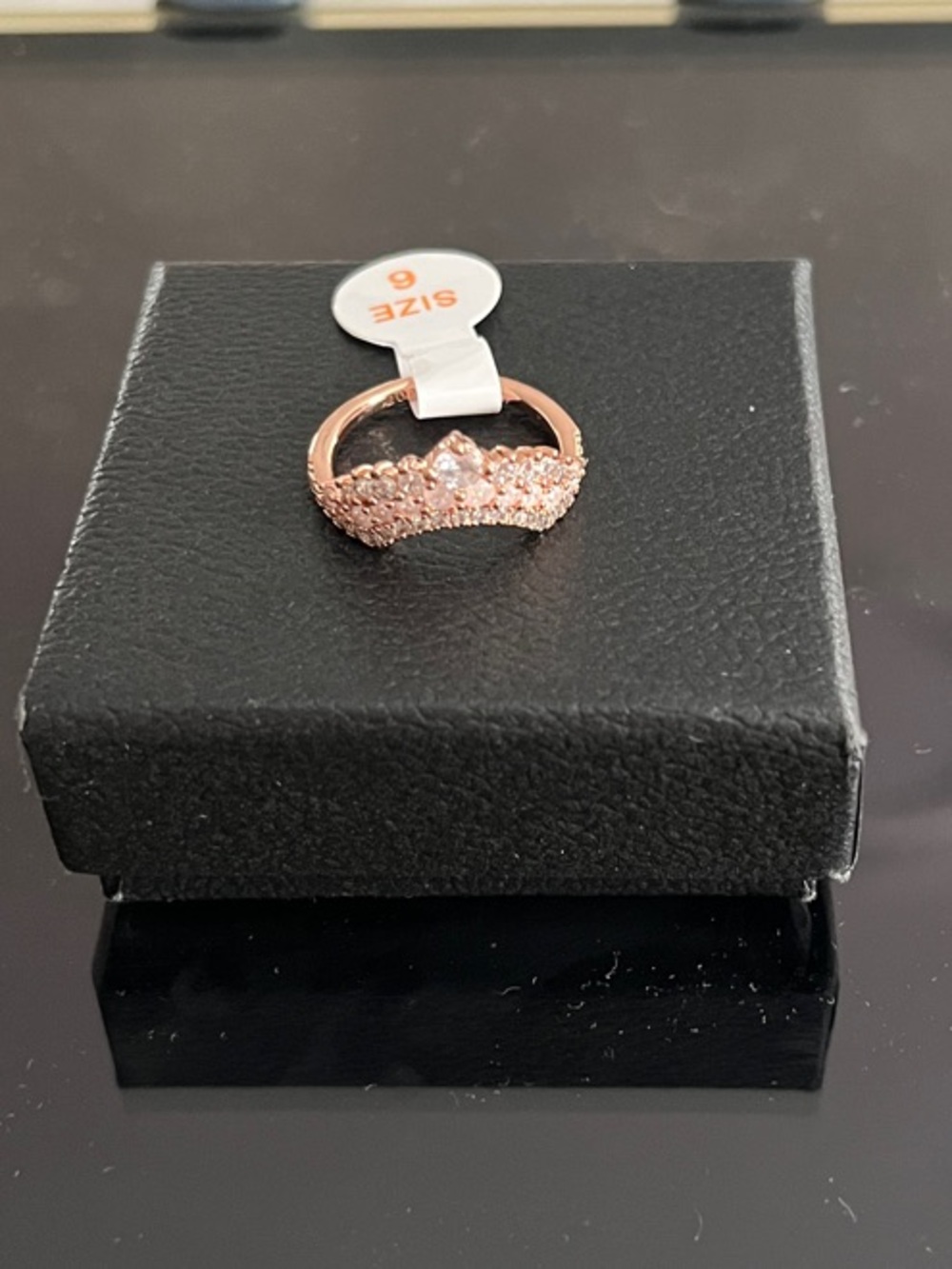 Bomb Party! Rose Gold Princess Crown Ring with Crystal Accents - Size 6